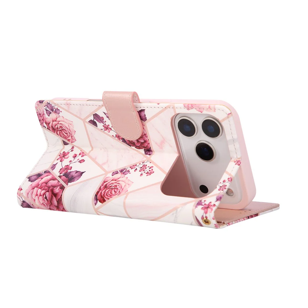 For iPhone 17 Pro Max Case Lacquered Marble Pattern Leather Phone Cover with Wrist Strap - Rose Gold - Image 2