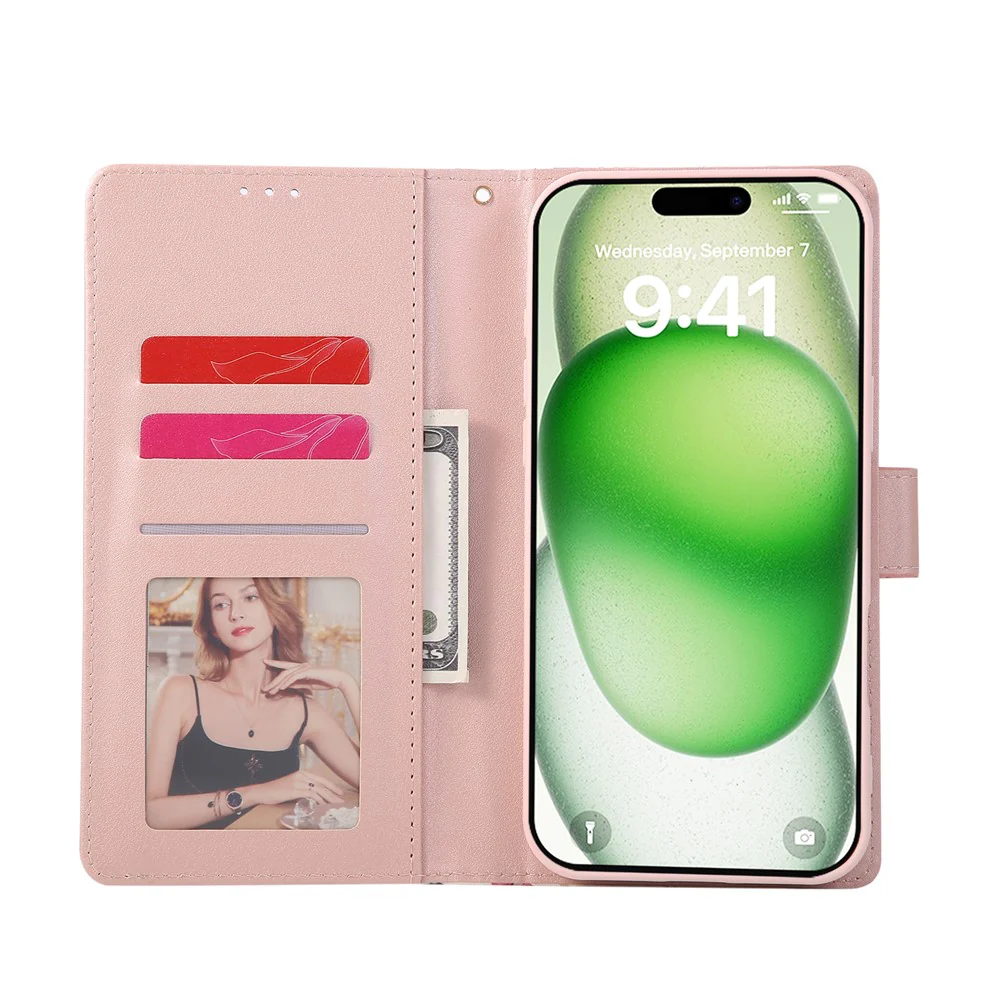 For iPhone 17 Pro Max Case Lacquered Marble Pattern Leather Phone Cover with Wrist Strap - Rose Gold - Image 4