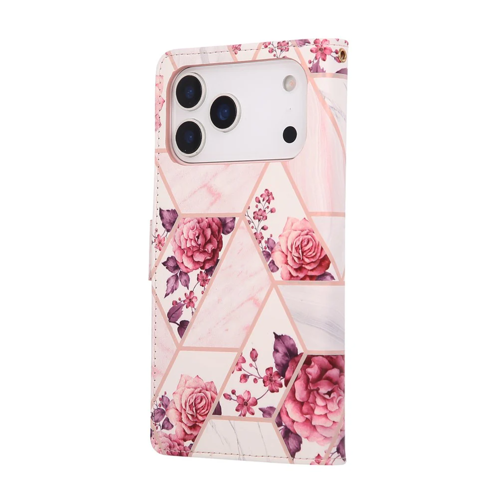 For iPhone 17 Pro Max Case Lacquered Marble Pattern Leather Phone Cover with Wrist Strap - Rose Gold - Image 6