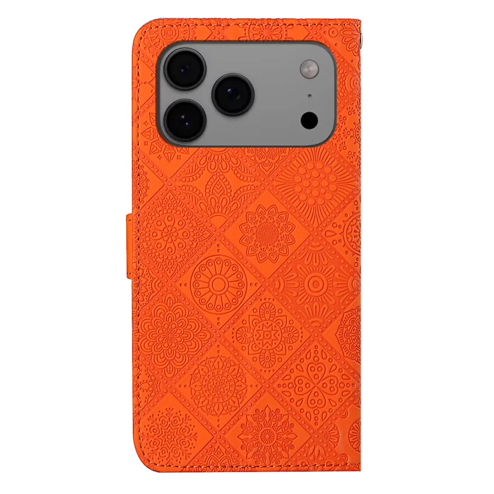 For iPhone 17 Pro Max Case Leather Case Ethnic Style Wallet Phone Cover with Strap - Orange - Image 7