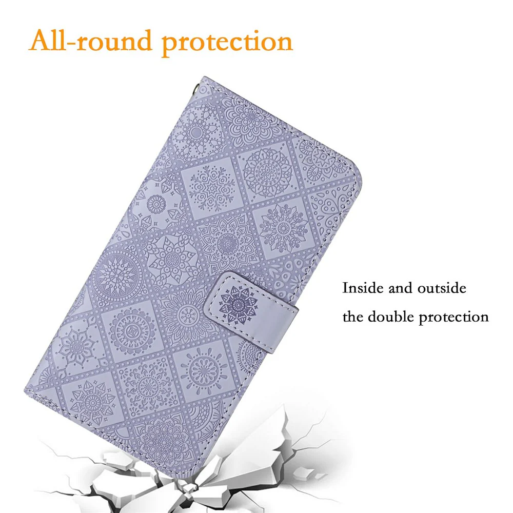 For iPhone 17 Pro Max Case Leather Case Ethnic Style Wallet Phone Cover with Strap - Purple - Image 5