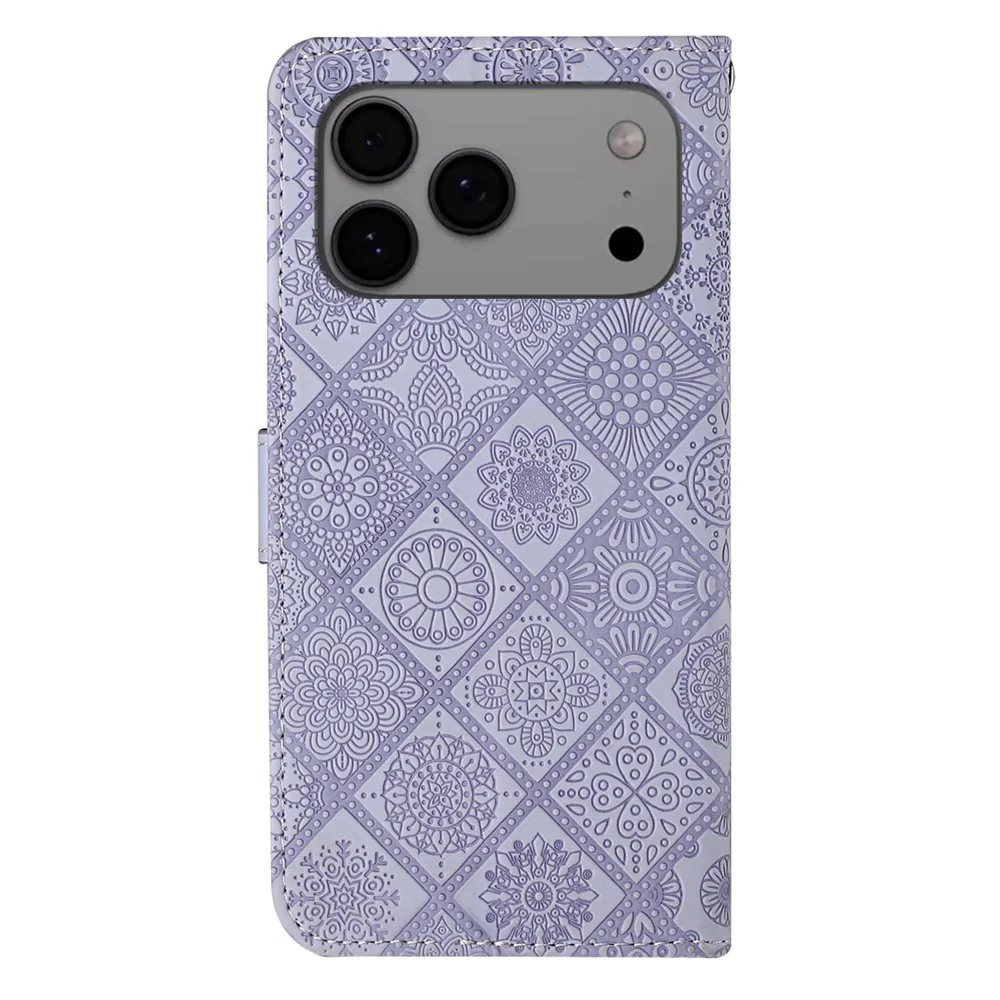 For iPhone 17 Pro Max Case Leather Case Ethnic Style Wallet Phone Cover with Strap - Purple - Image 7