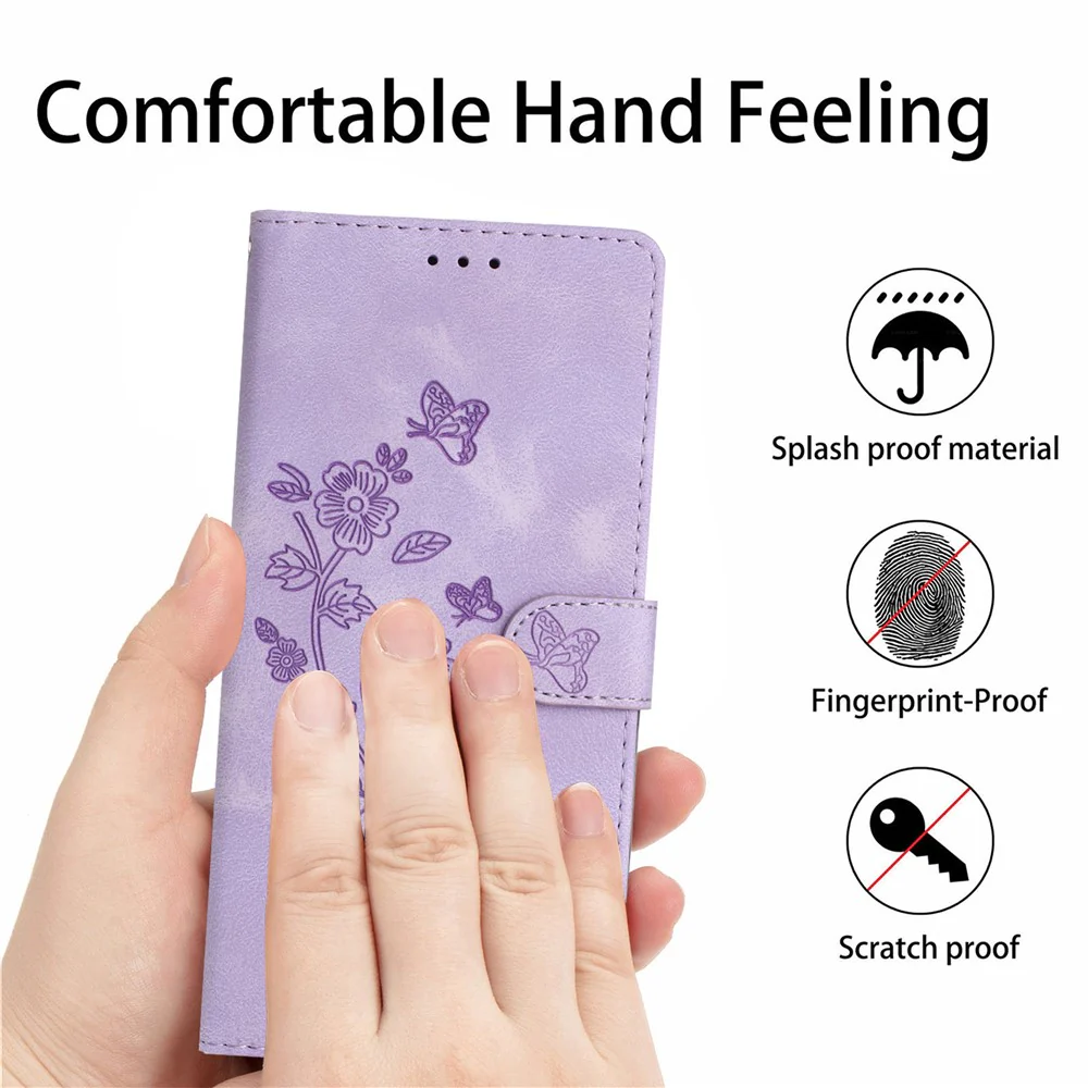 For iPhone 17 Pro Max Case Leather Imprinted Flower Phone Cover Wallet with Wrist Strap - Purple - Image 5