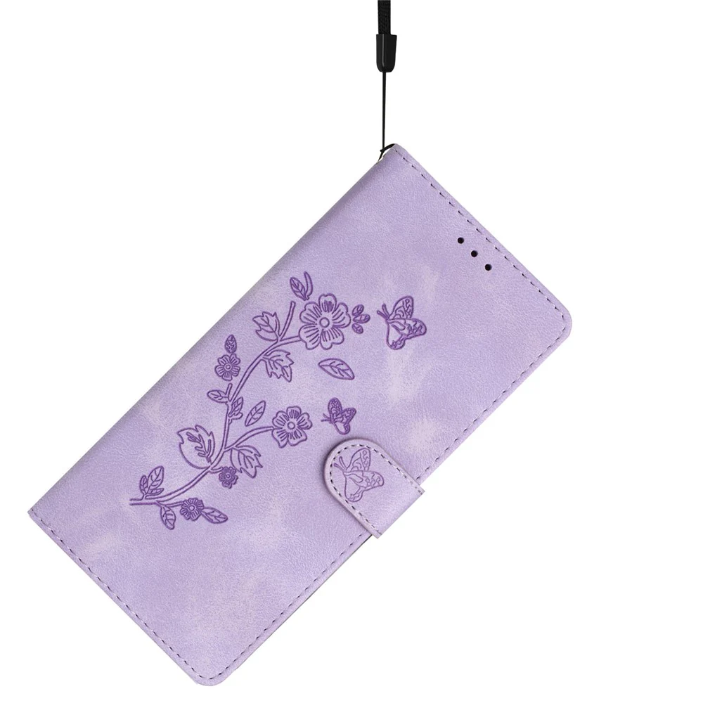 For iPhone 17 Pro Max Case Leather Imprinted Flower Phone Cover Wallet with Wrist Strap - Purple - Image 6