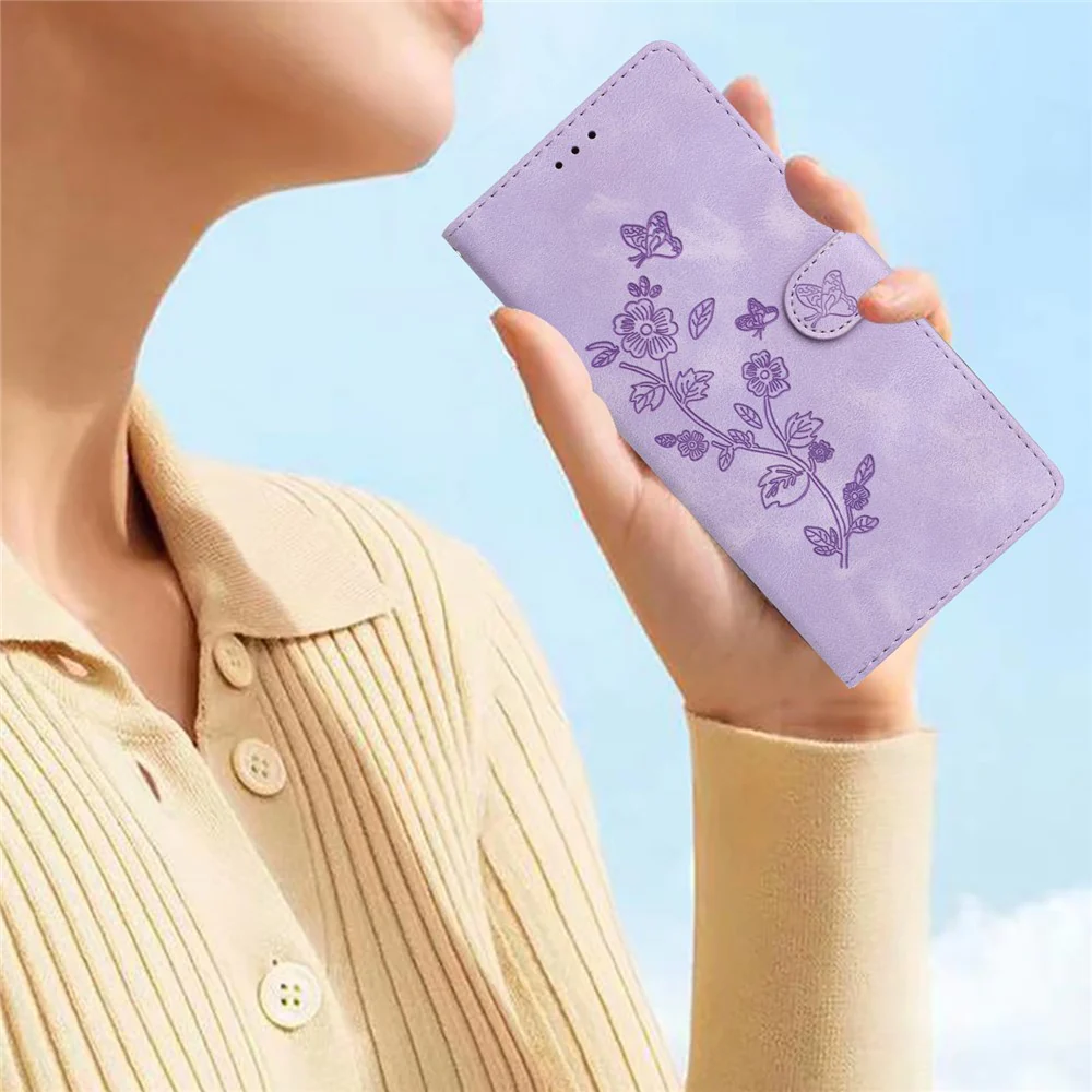 For iPhone 17 Pro Max Case Leather Imprinted Flower Phone Cover Wallet with Wrist Strap - Purple - Image 7