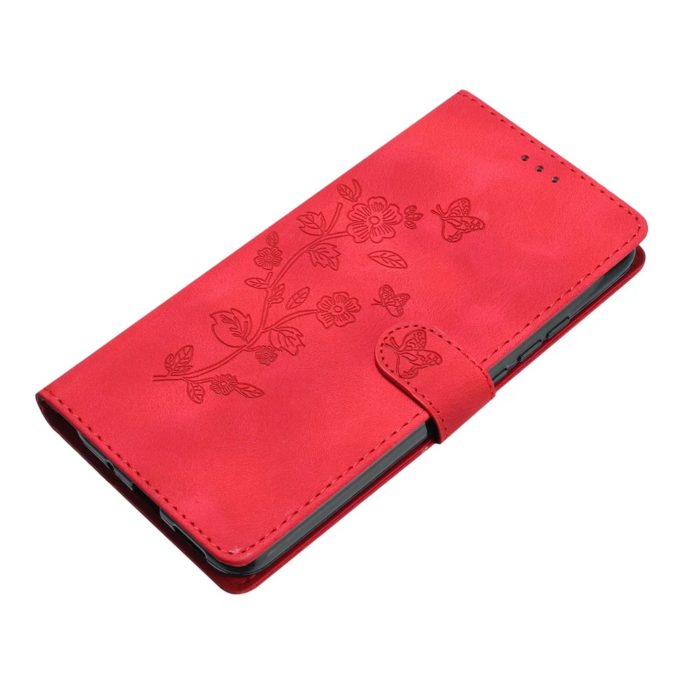 For iPhone 17 Pro Max Case Leather Imprinted Flower Phone Cover Wallet with Wrist Strap - Red - Image 4