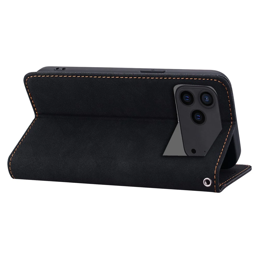For iPhone 17 Pro Max Case Lines Pattern Wallet Leather Phone Cover with Strap - Black - Image 3