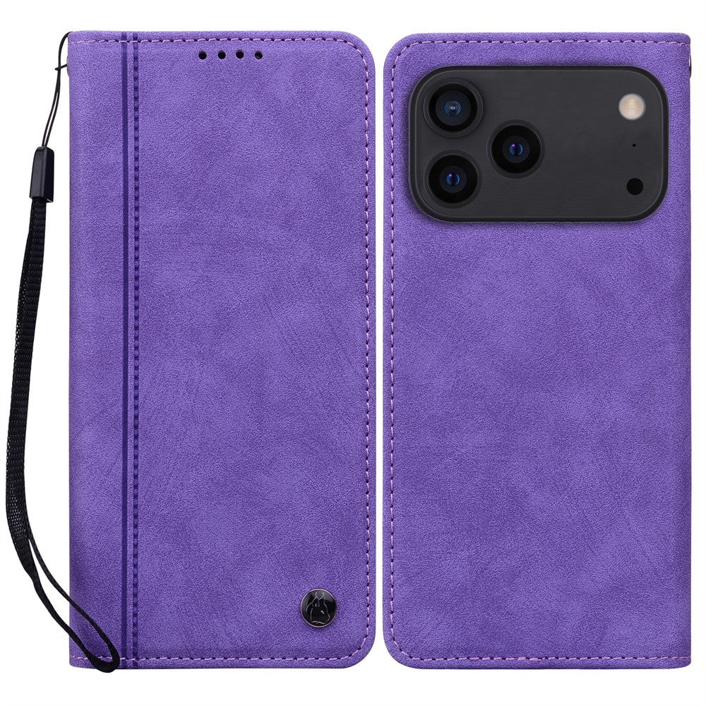 For iPhone 17 Pro Max Case Lines Pattern Wallet Leather Phone Cover with Strap - Purple
