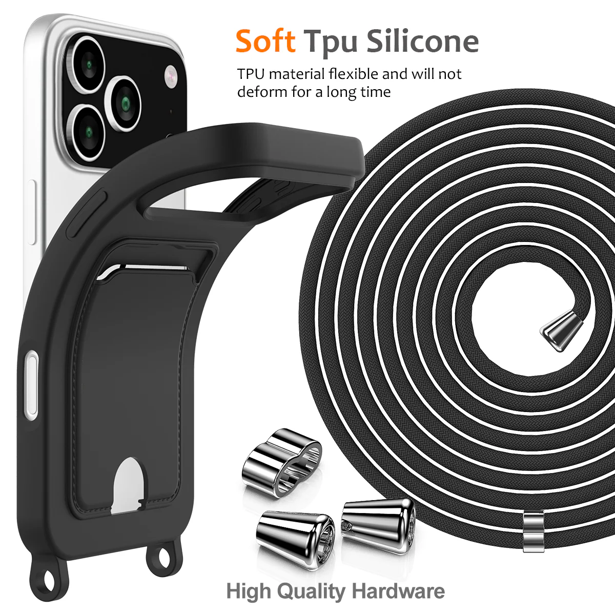 For iPhone 17 Pro Max Case Liquid Silicone Card Holder Back Phone Cover with Lanyard - Black - Image 7