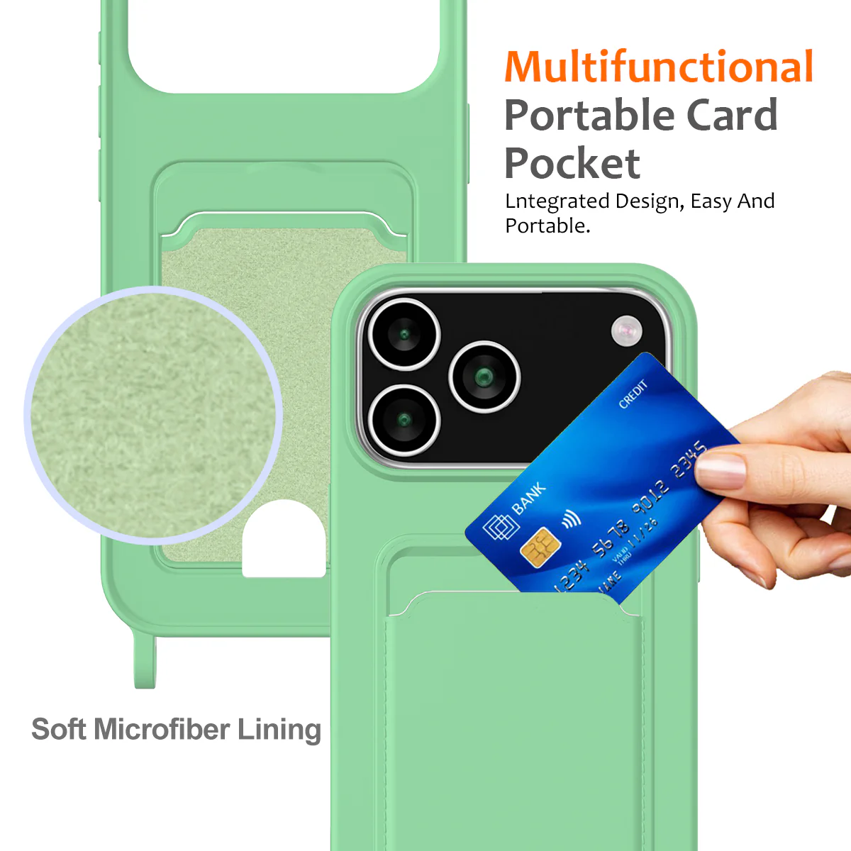For iPhone 17 Pro Max Case Liquid Silicone Card Holder Back Phone Cover with Lanyard - Green - Image 4