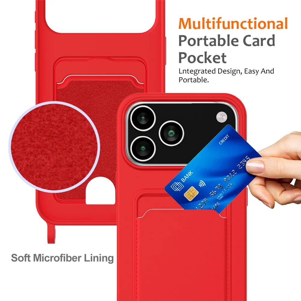 For iPhone 17 Pro Max Case Liquid Silicone Card Holder Back Phone Cover with Lanyard - Red - Image 4