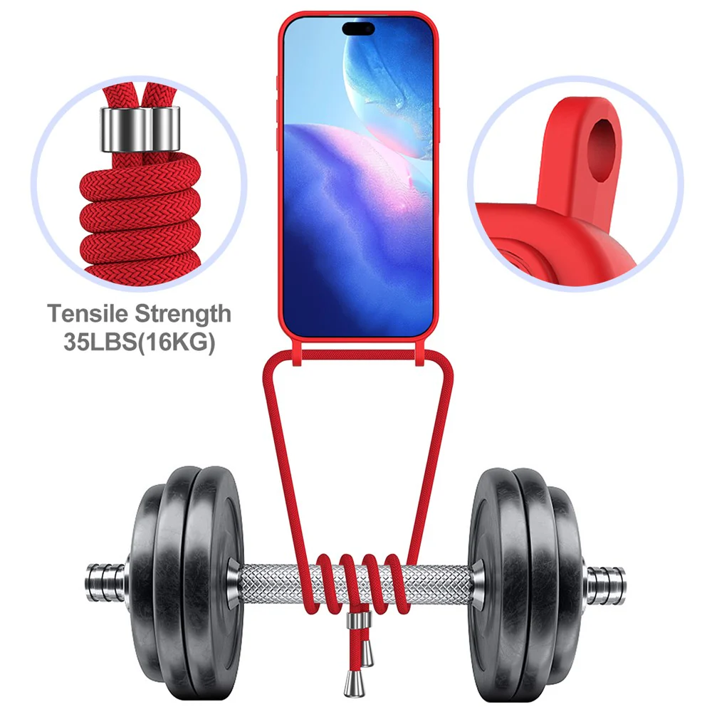 For iPhone 17 Pro Max Case Liquid Silicone Card Holder Back Phone Cover with Lanyard - Red - Image 6