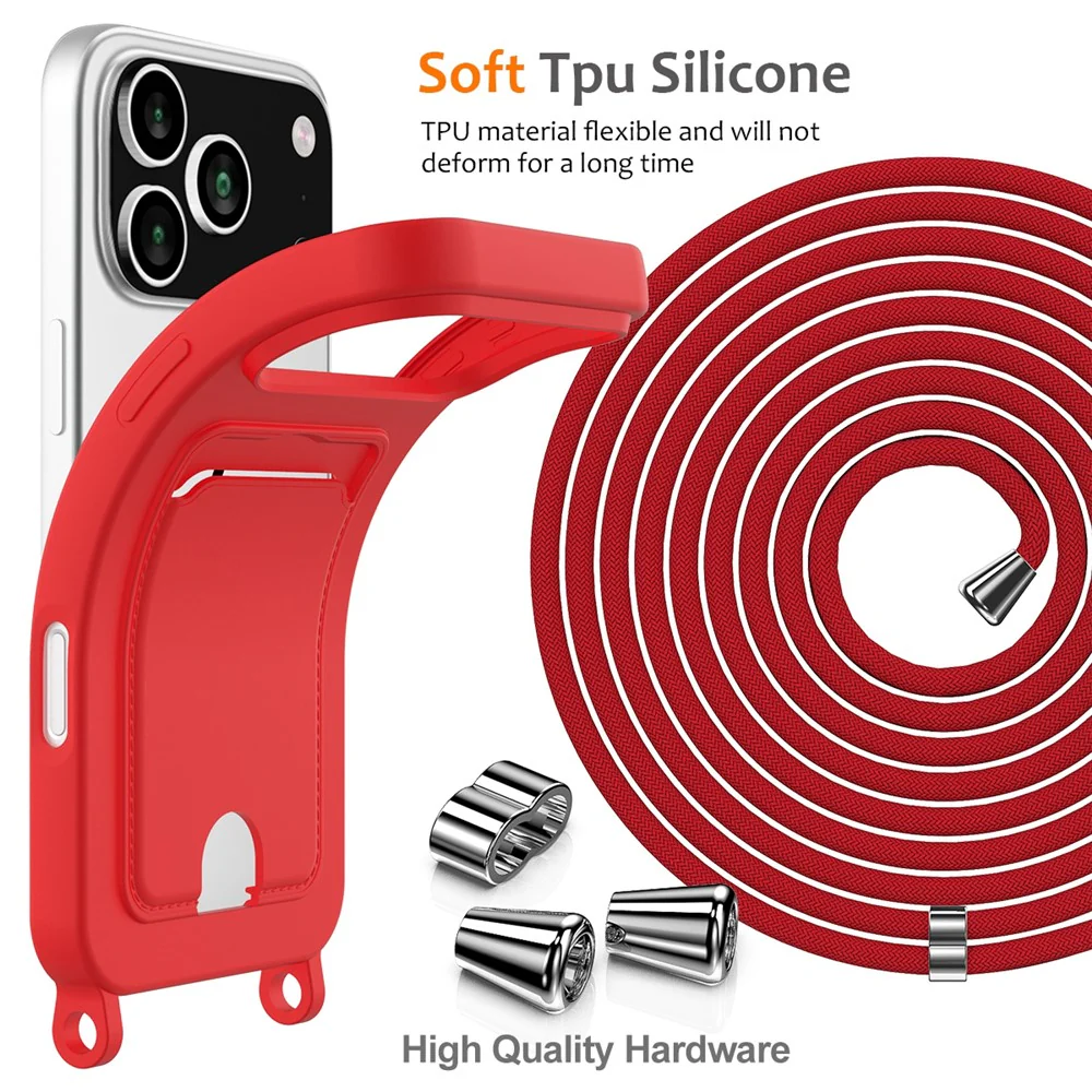 For iPhone 17 Pro Max Case Liquid Silicone Card Holder Back Phone Cover with Lanyard - Red - Image 7