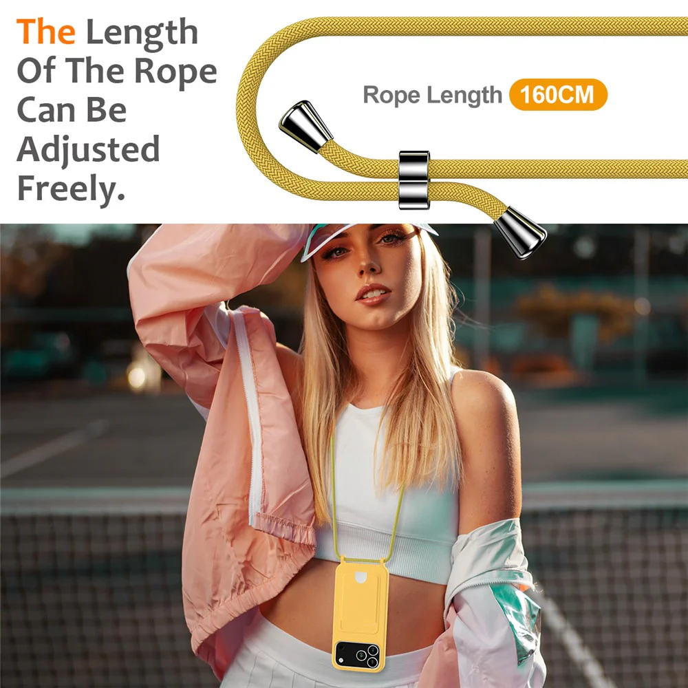 For iPhone 17 Pro Max Case Liquid Silicone Card Holder Back Phone Cover with Lanyard - Yellow - Image 3