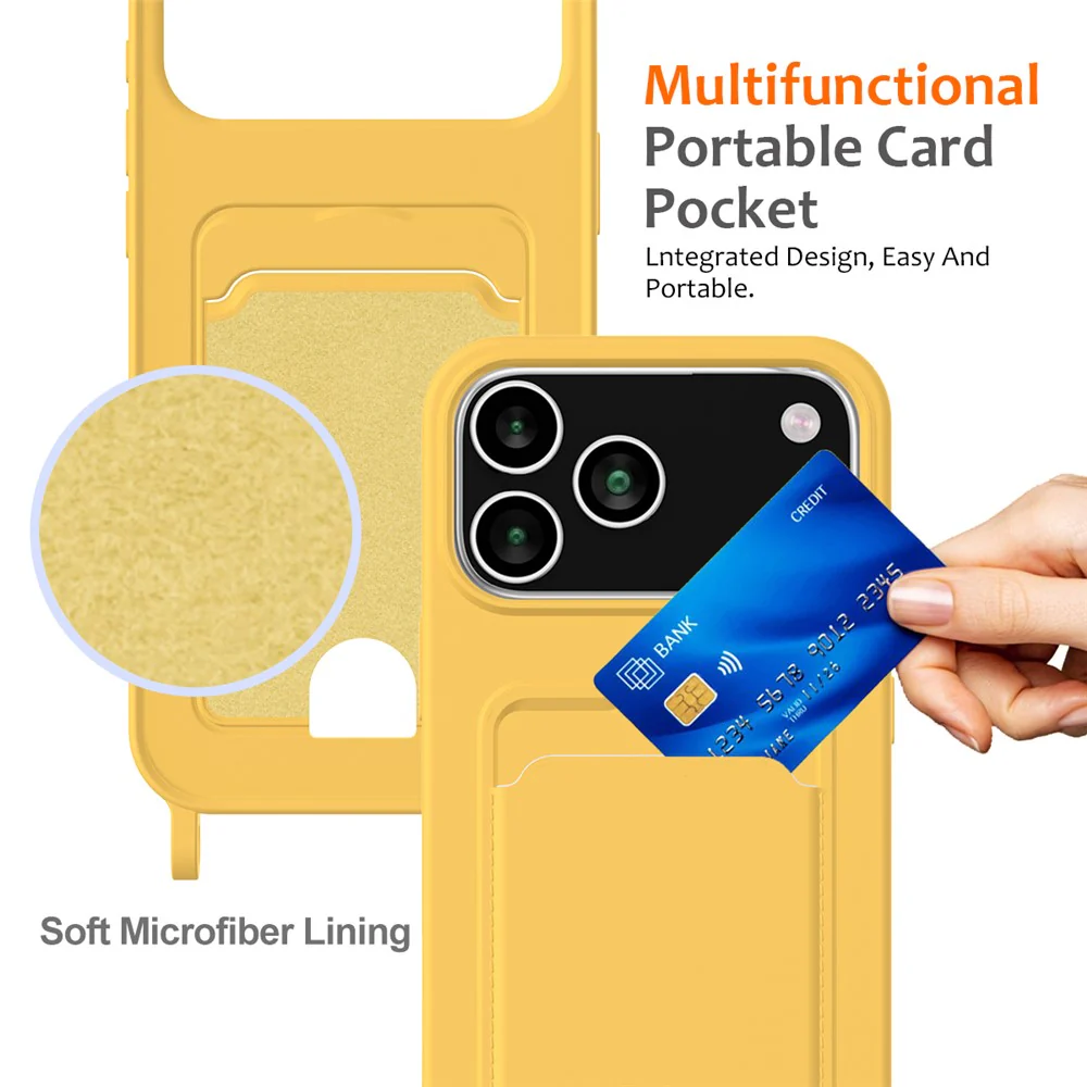 For iPhone 17 Pro Max Case Liquid Silicone Card Holder Back Phone Cover with Lanyard - Yellow - Image 4