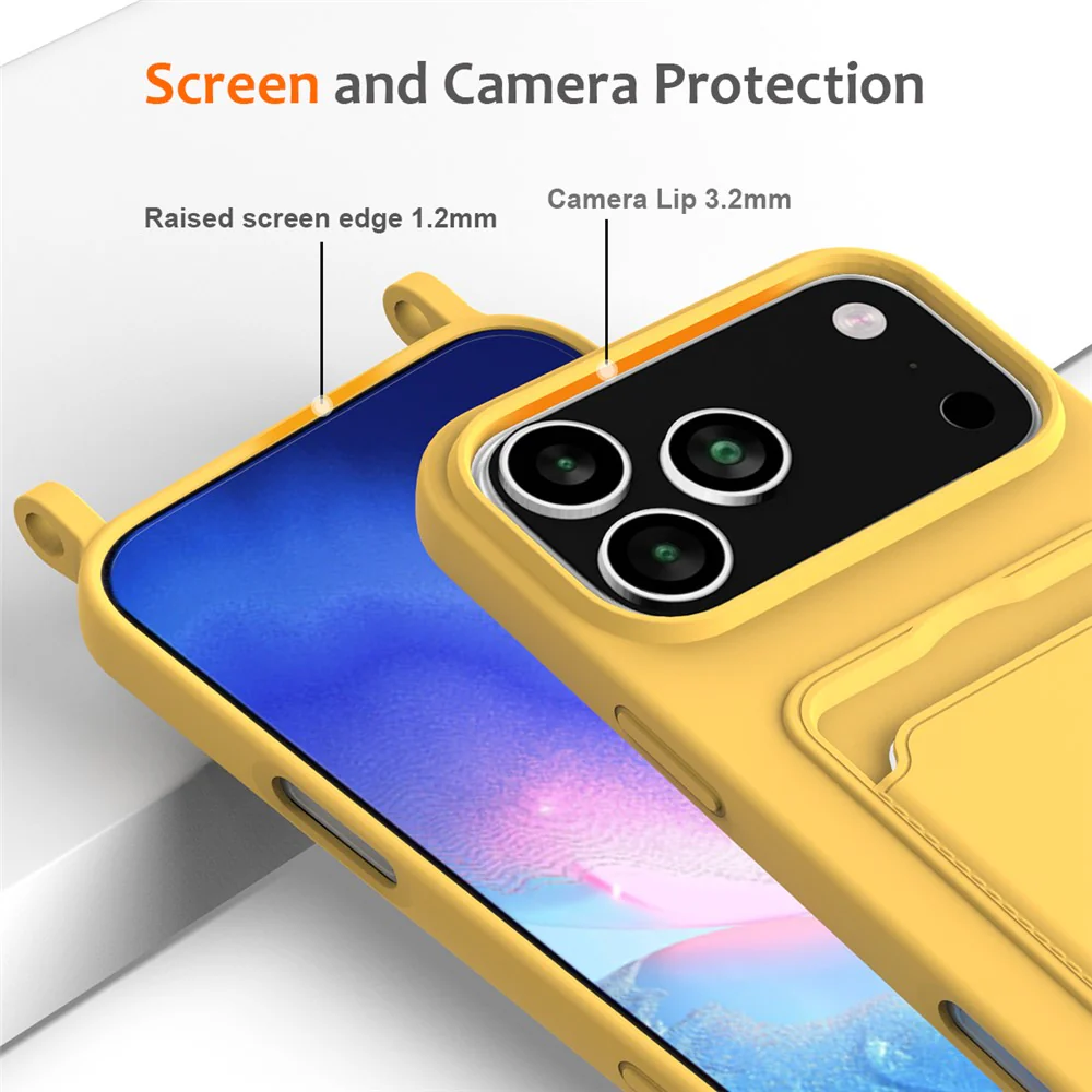For iPhone 17 Pro Max Case Liquid Silicone Card Holder Back Phone Cover with Lanyard - Yellow - Image 5