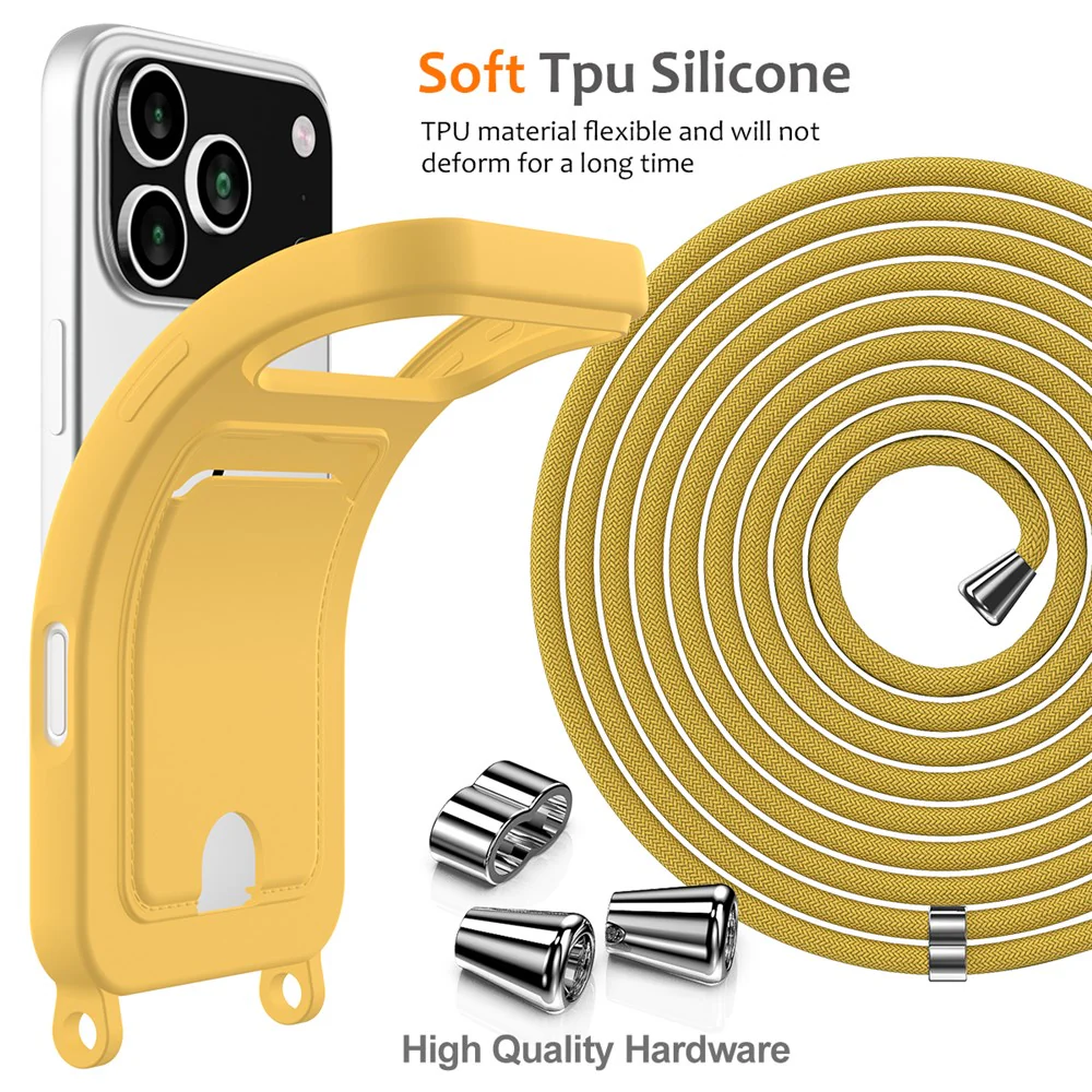 For iPhone 17 Pro Max Case Liquid Silicone Card Holder Back Phone Cover with Lanyard - Yellow - Image 7