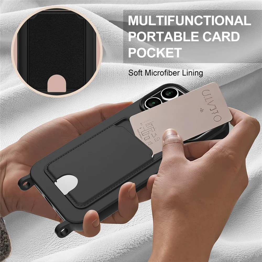 For iPhone 17 Pro Max Case Liquid Silicone Card Holder Phone Back Cover with Wrist Strap - Black - Image 6