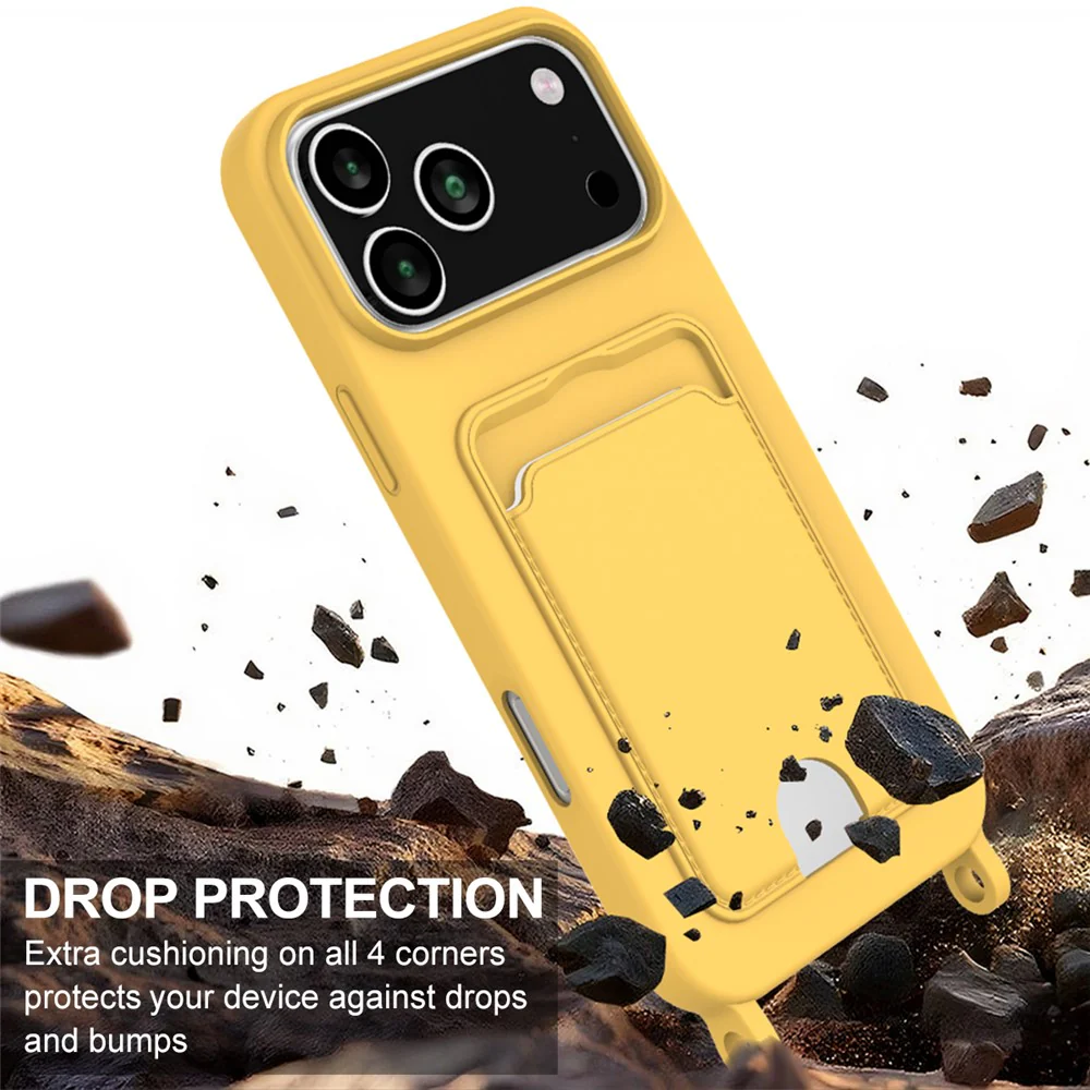 For iPhone 17 Pro Max Case Liquid Silicone Card Holder Phone Back Cover with Wrist Strap - Yellow - Image 5