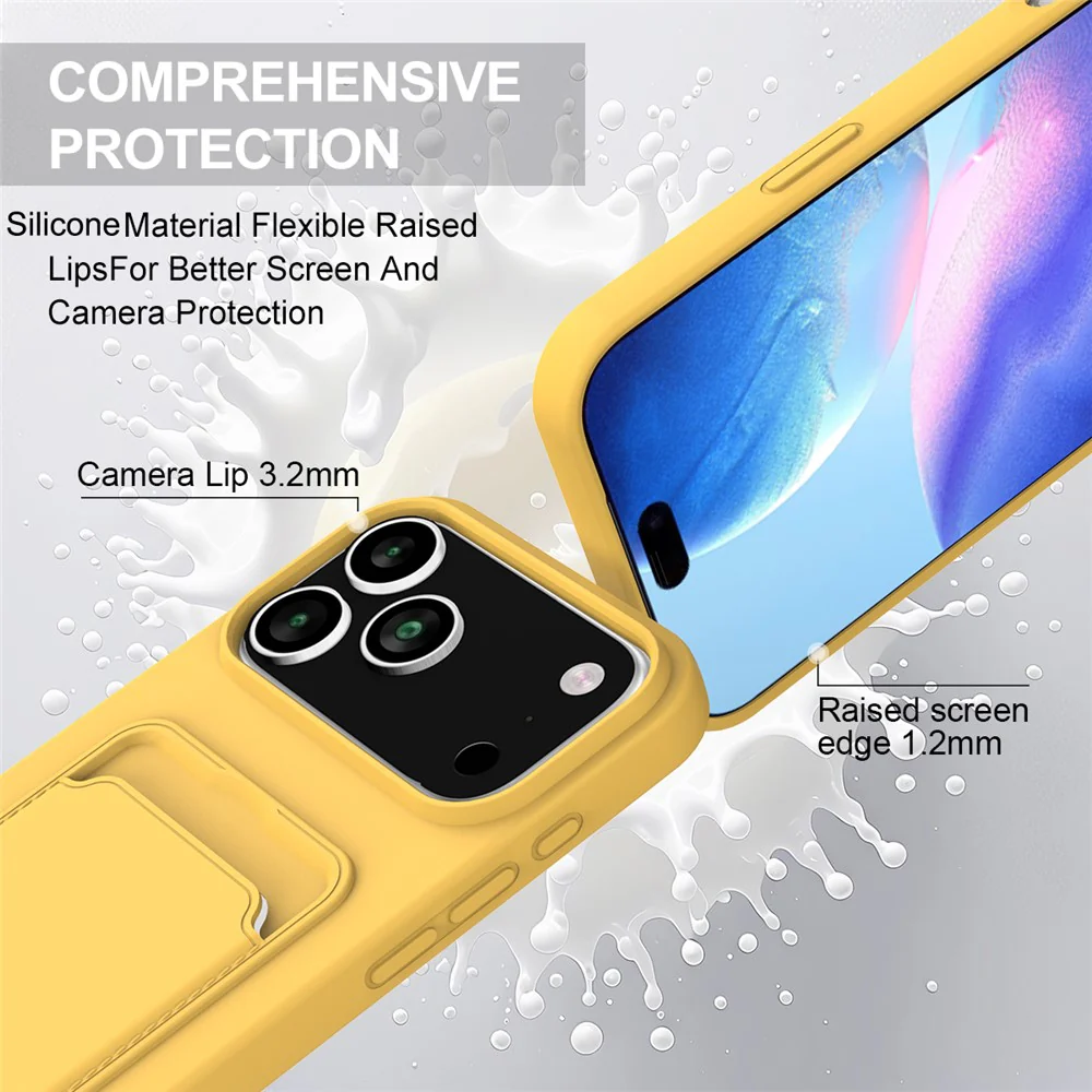 For iPhone 17 Pro Max Case Liquid Silicone Card Holder Phone Back Cover with Wrist Strap - Yellow - Image 7