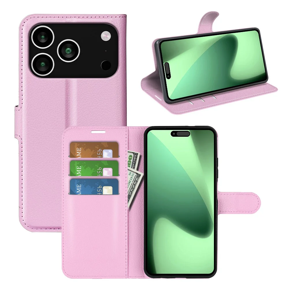 For iPhone 17 Pro Max Case Litchi Texture Shockproof Leather Wallet Phone Cover - Pink - Image 6