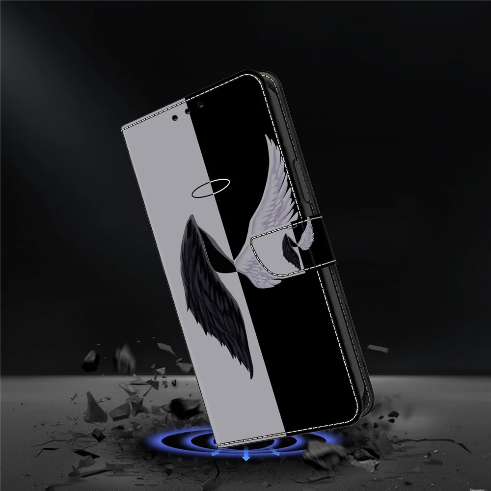 For iPhone 17 Pro Max Case Magnetic Clasp 3D Pattern Leather Wallet Phone Cover - Black / White Wings - Image 4