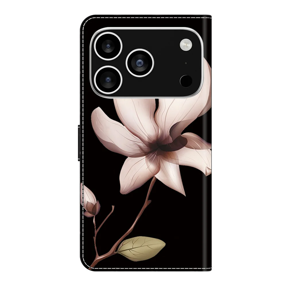 For iPhone 17 Pro Max Case Magnetic Clasp 3D Pattern Leather Wallet Phone Cover - Pink Flower - Image 6