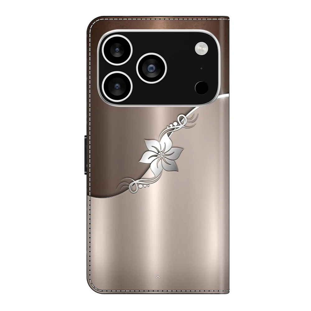 For iPhone 17 Pro Max Case Magnetic Clasp 3D Pattern Leather Wallet Phone Cover - Silver Flower - Image 6