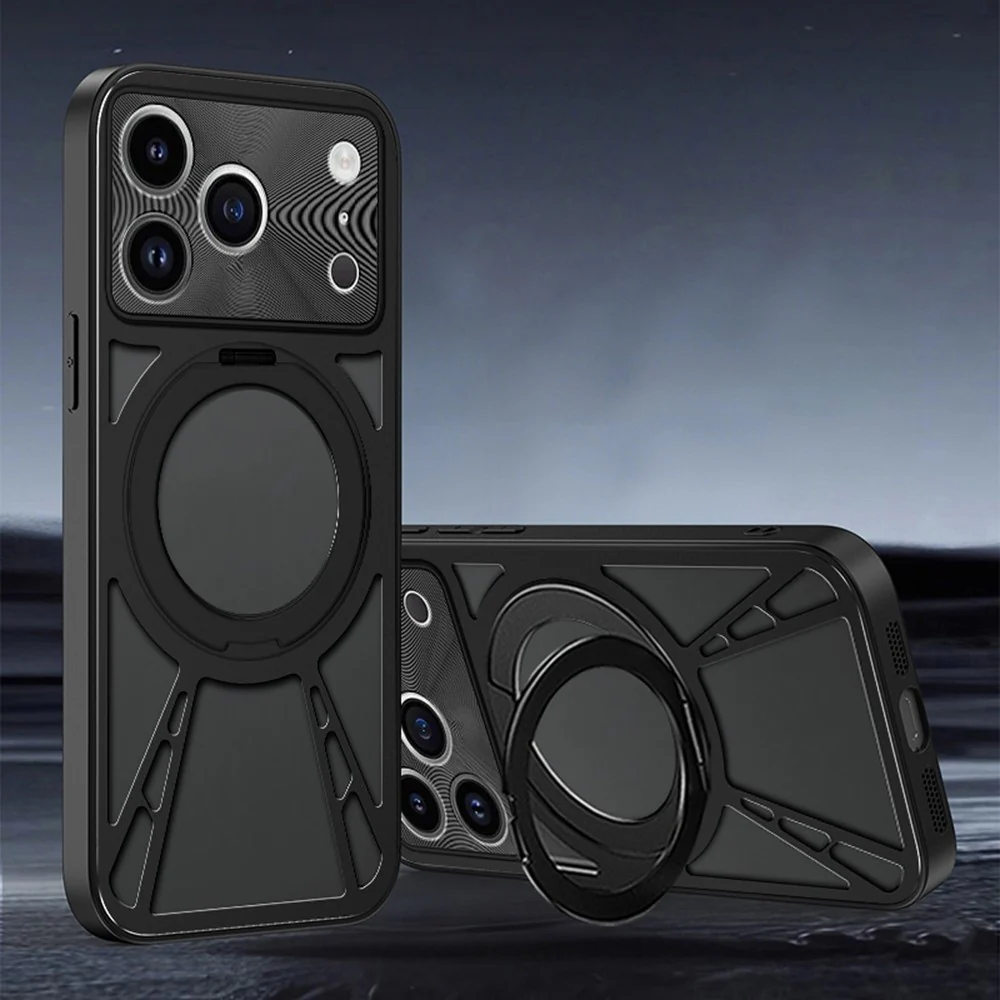 For iPhone 17 Pro Max Case Magnetic Kickstand Hollow Heat Dissipation Silicone + PC + Metal Bumper Phone Cover - Black - Image 2