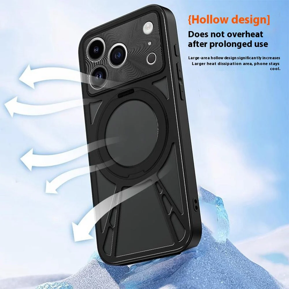 For iPhone 17 Pro Max Case Magnetic Kickstand Hollow Heat Dissipation Silicone + PC + Metal Bumper Phone Cover - Black - Image 7
