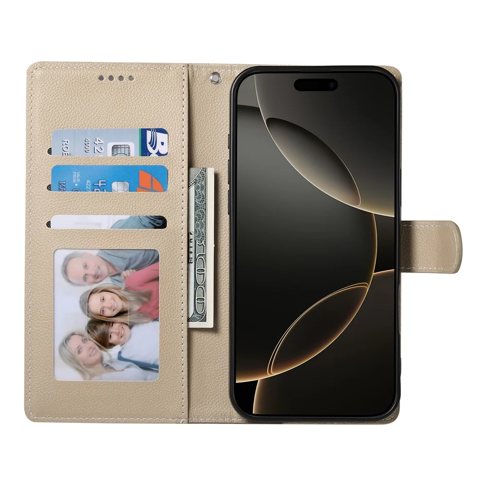 For iPhone 17 Pro Max Case Magnetic Snap Litchi Texture Leather Wallet Phone Cover with Wrist Strap - Apricot - Image 2