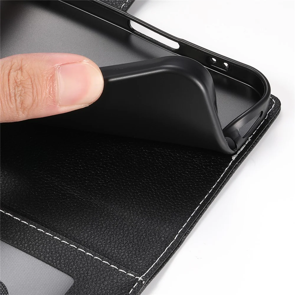 For iPhone 17 Pro Max Case Magnetic Snap Litchi Texture Leather Wallet Phone Cover with Wrist Strap - Black - Image 6