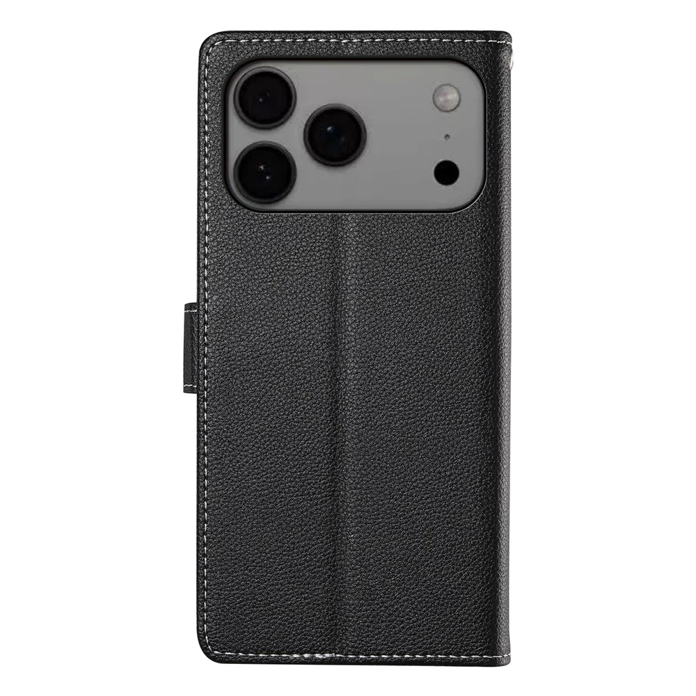 For iPhone 17 Pro Max Case Magnetic Snap Litchi Texture Leather Wallet Phone Cover with Wrist Strap - Black - Image 8