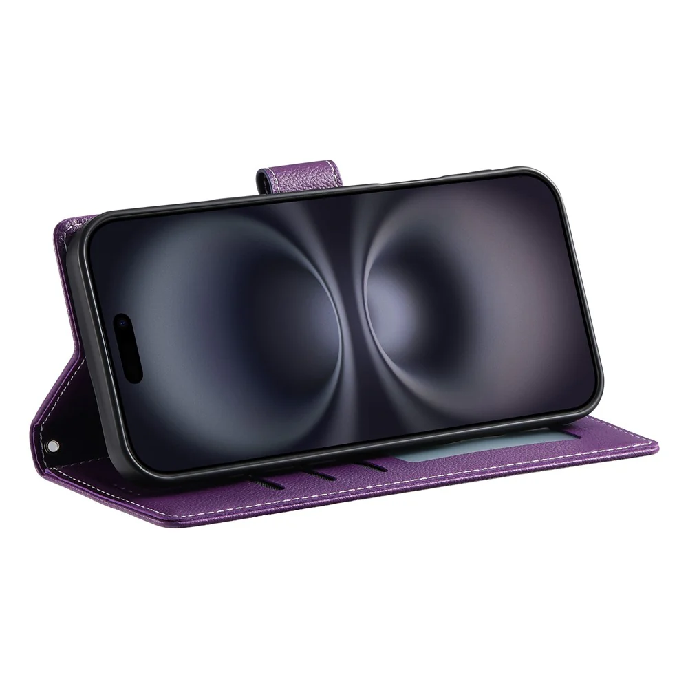 For iPhone 17 Pro Max Case Magnetic Snap Litchi Texture Leather Wallet Phone Cover with Wrist Strap - Purple - Image 4