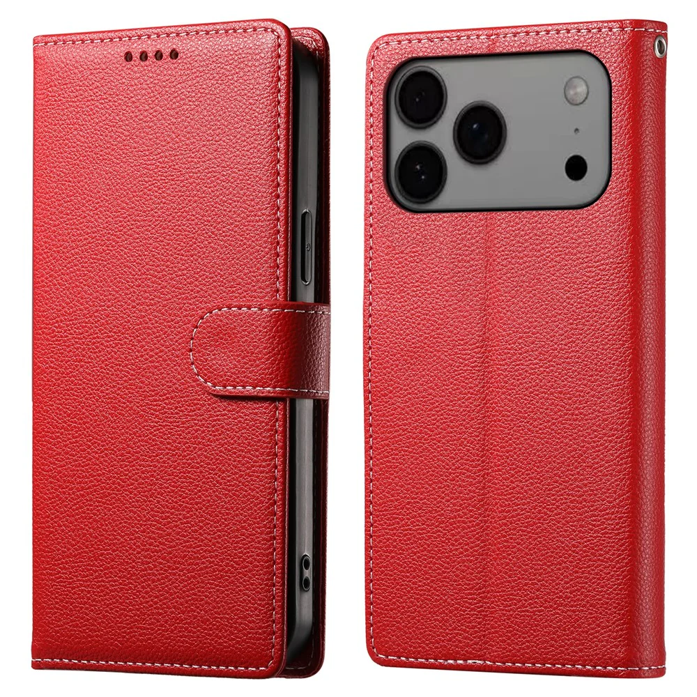 For iPhone 17 Pro Max Case Magnetic Snap Litchi Texture Leather Wallet Phone Cover with Wrist Strap - Red