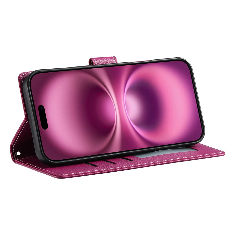 For iPhone 17 Pro Max Case Magnetic Snap Litchi Texture Leather Wallet Phone Cover with Wrist Strap - Rose - Image 4