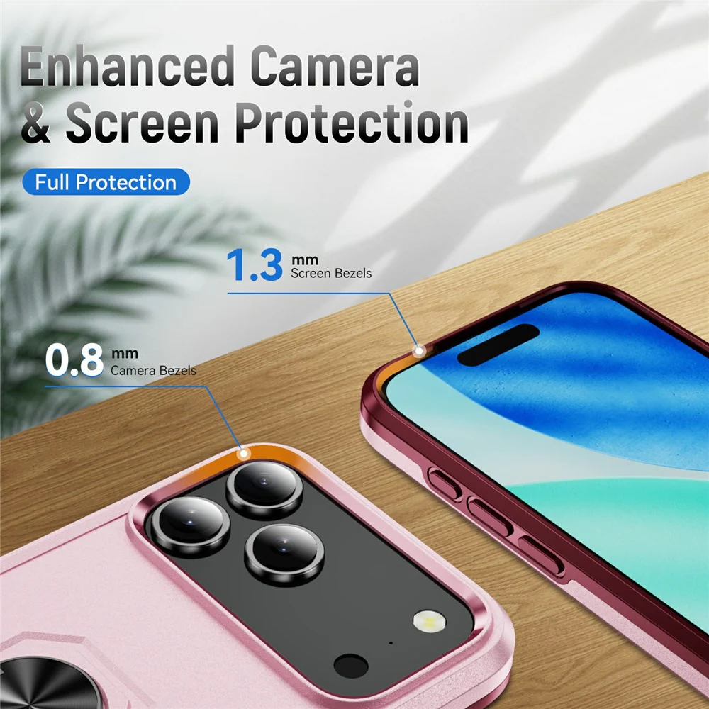 For iPhone 17 Pro Max Case Military Grade Ring Kickstand PC + TPU Phone Cover - Pink + Rose - Image 3