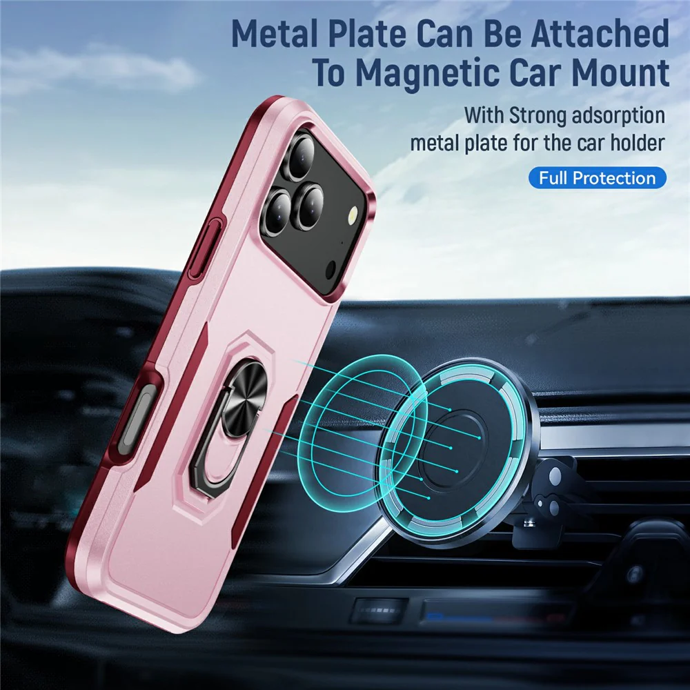 For iPhone 17 Pro Max Case Military Grade Ring Kickstand PC + TPU Phone Cover - Pink + Rose - Image 4