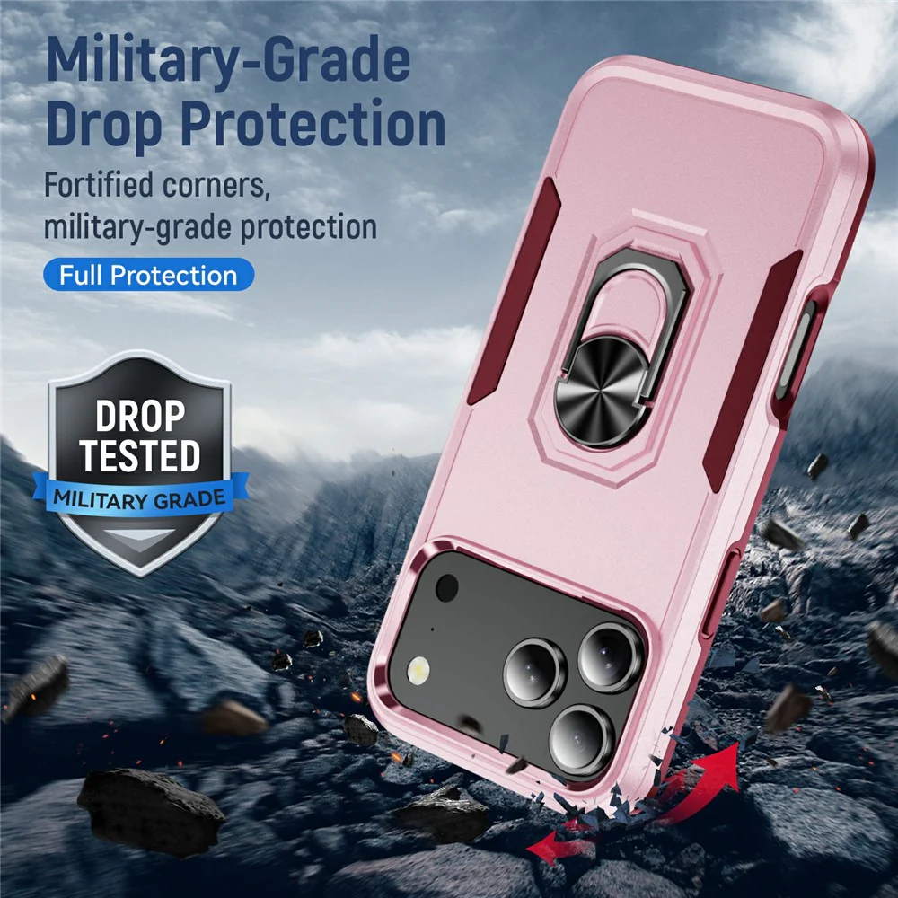 For iPhone 17 Pro Max Case Military Grade Ring Kickstand PC + TPU Phone Cover - Pink + Rose - Image 5
