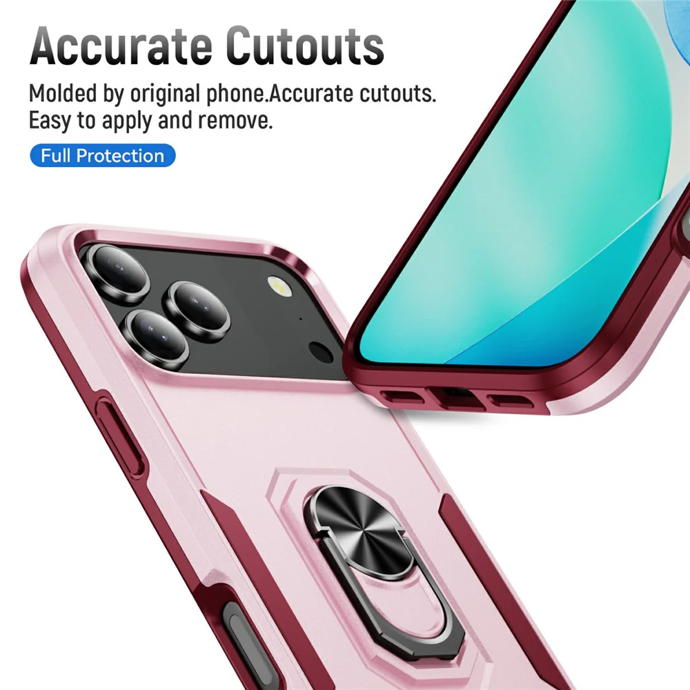 For iPhone 17 Pro Max Case Military Grade Ring Kickstand PC + TPU Phone Cover - Pink + Rose - Image 6