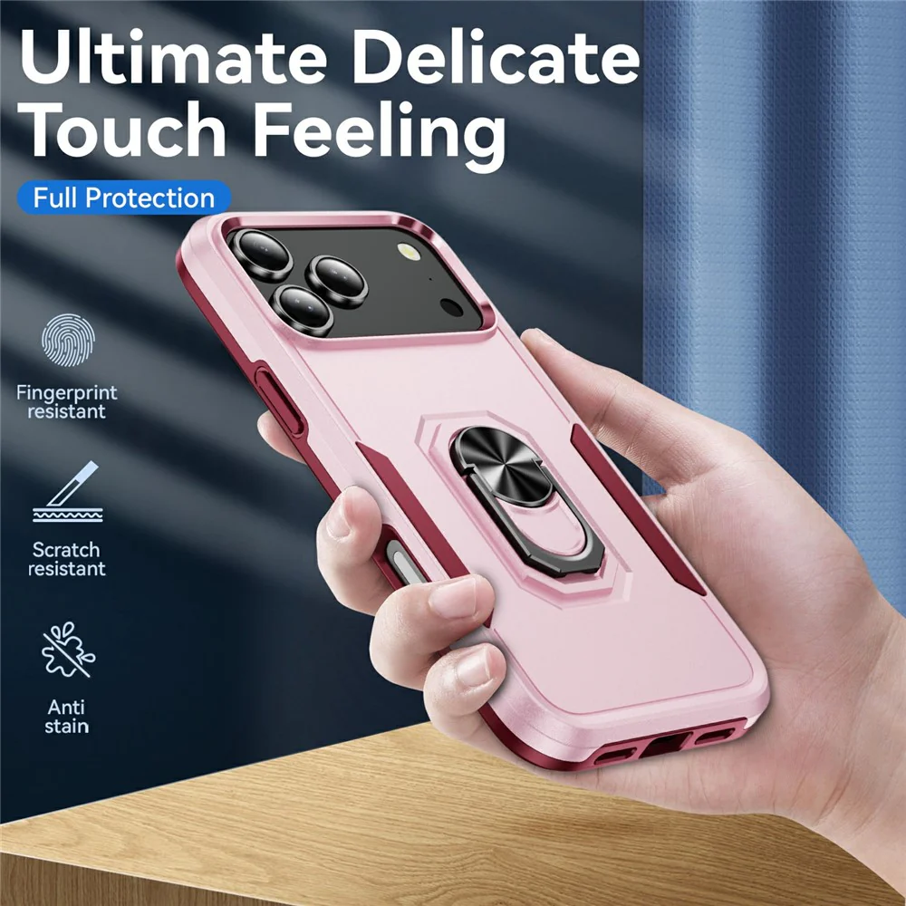 For iPhone 17 Pro Max Case Military Grade Ring Kickstand PC + TPU Phone Cover - Pink + Rose - Image 7