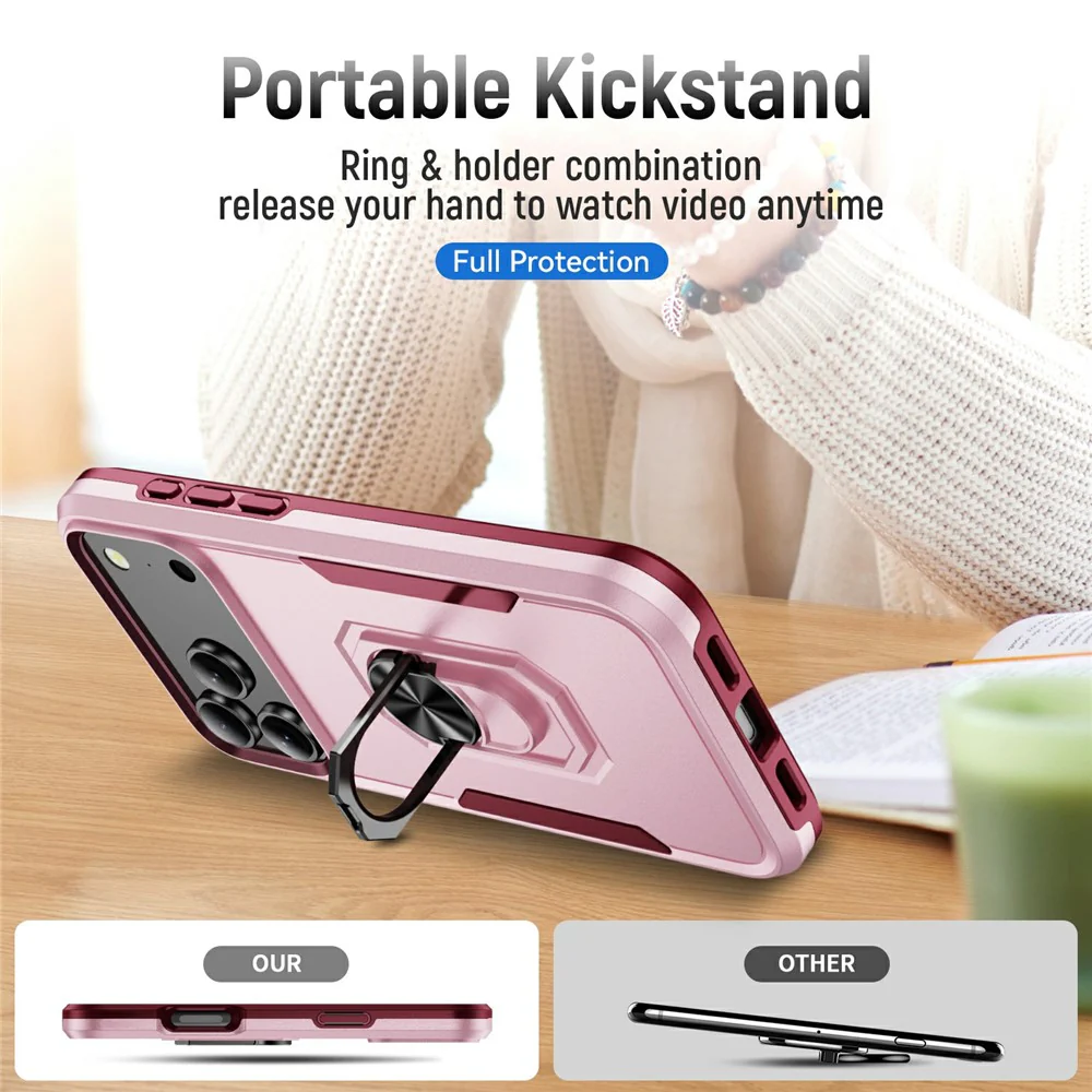 For iPhone 17 Pro Max Case Military Grade Ring Kickstand PC + TPU Phone Cover - Pink + Rose - Image 8