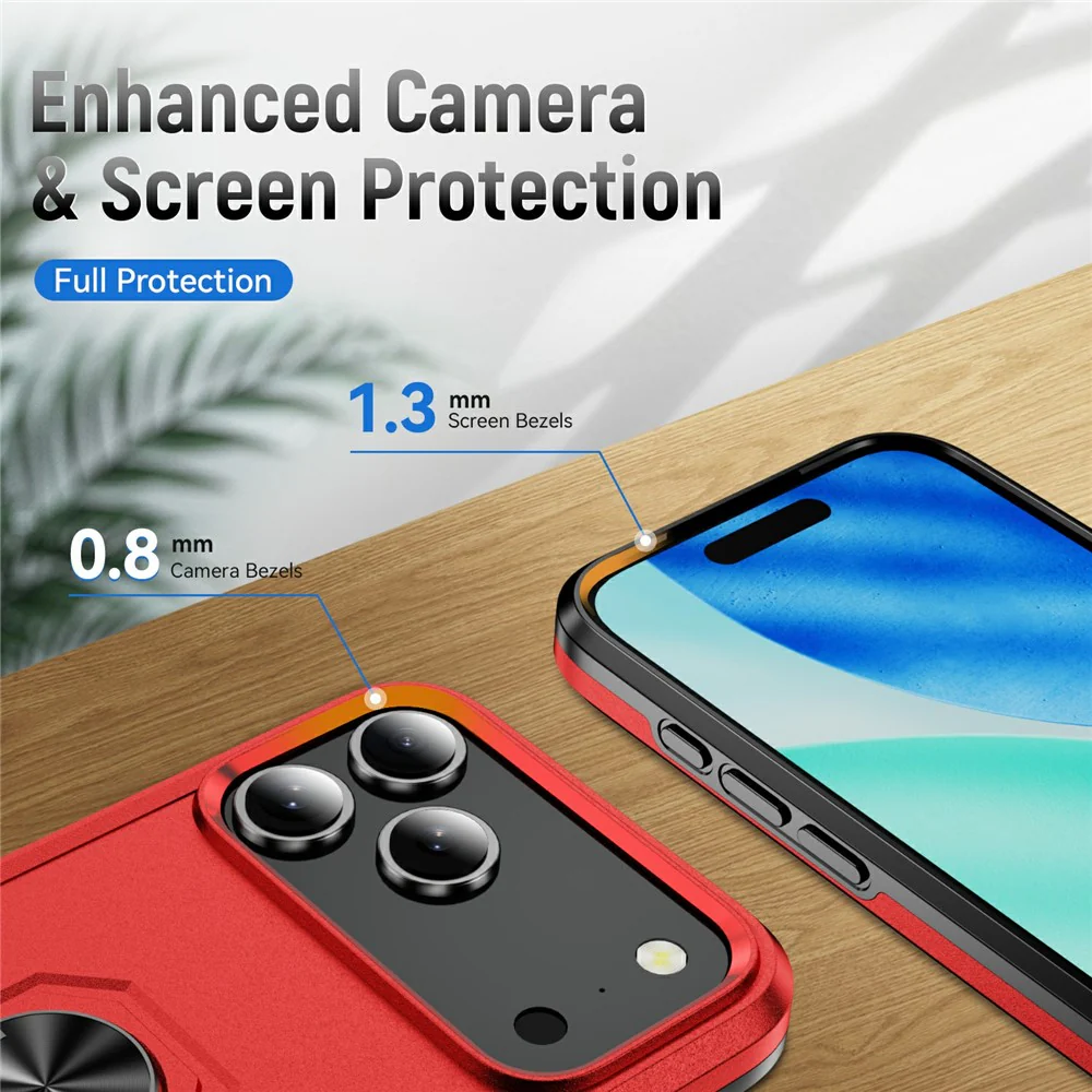 For iPhone 17 Pro Max Case Military Grade Ring Kickstand PC + TPU Phone Cover - Red + Black - Image 3