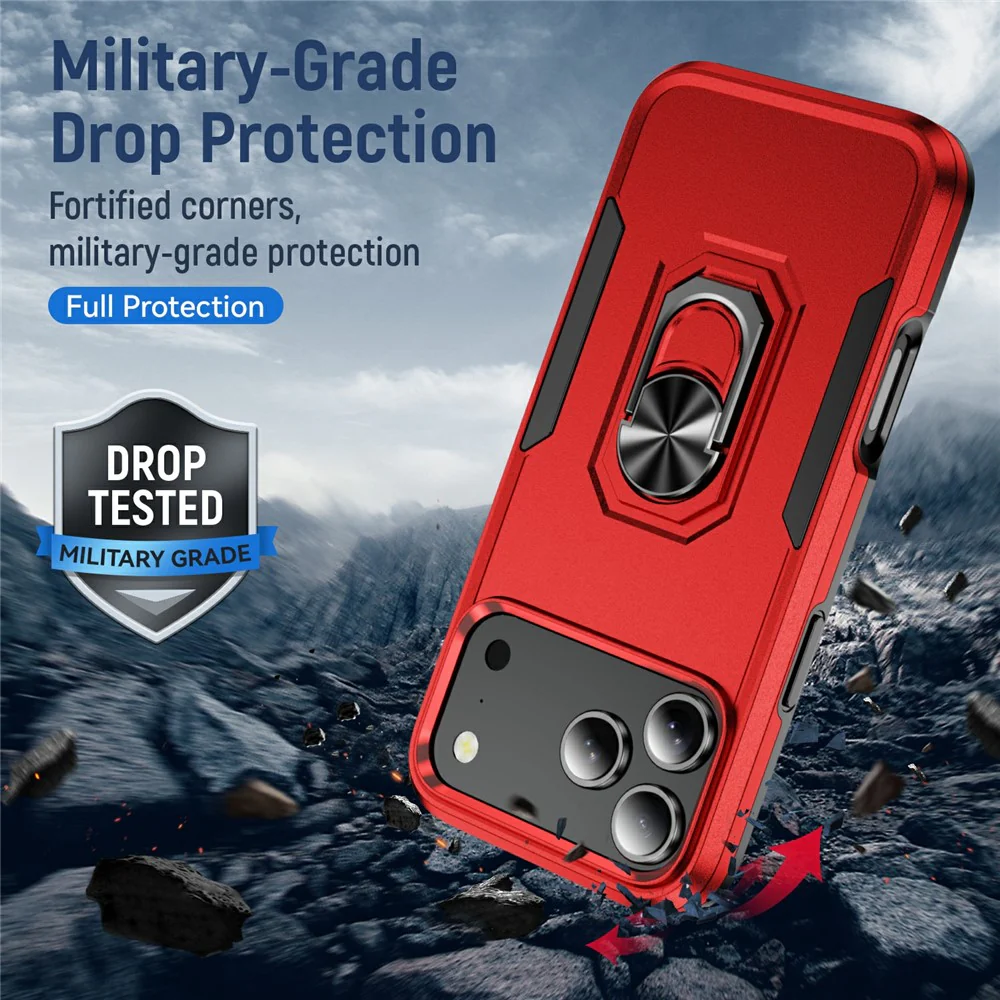 For iPhone 17 Pro Max Case Military Grade Ring Kickstand PC + TPU Phone Cover - Red + Black - Image 5