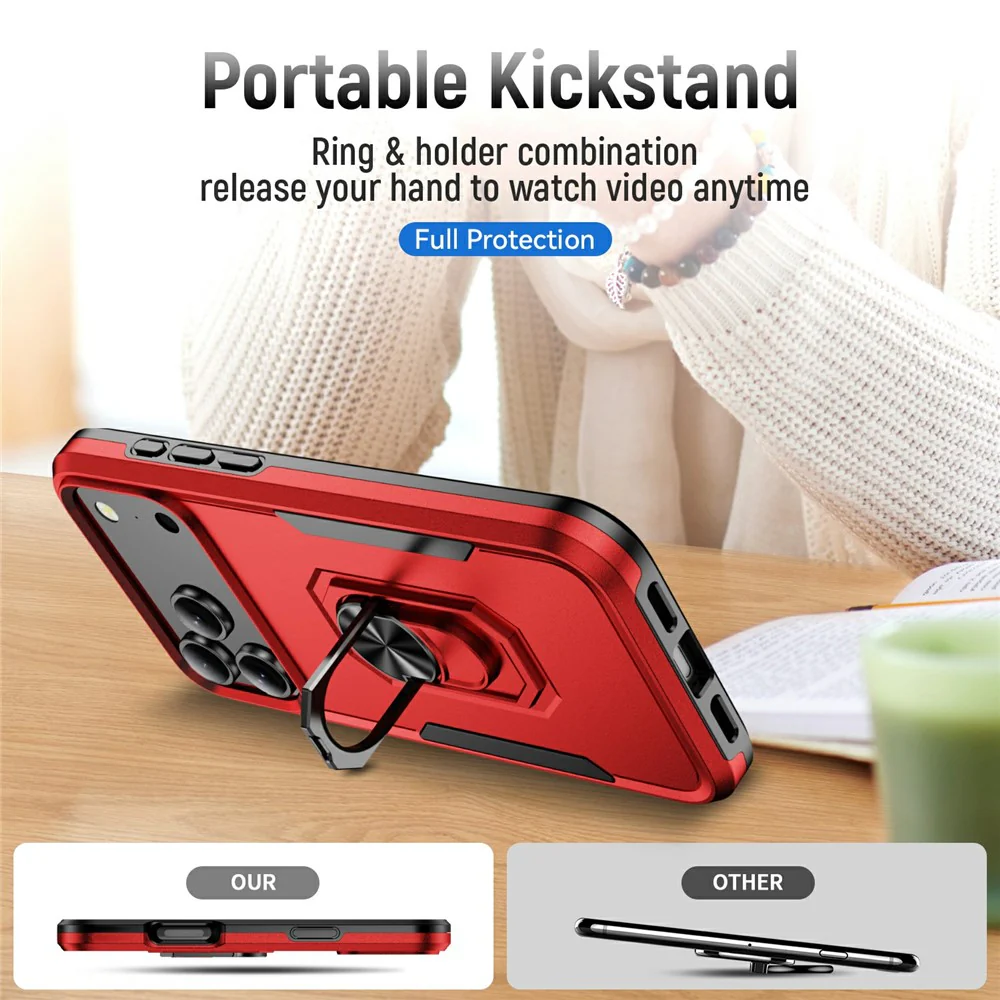For iPhone 17 Pro Max Case Military Grade Ring Kickstand PC + TPU Phone Cover - Red + Black - Image 8