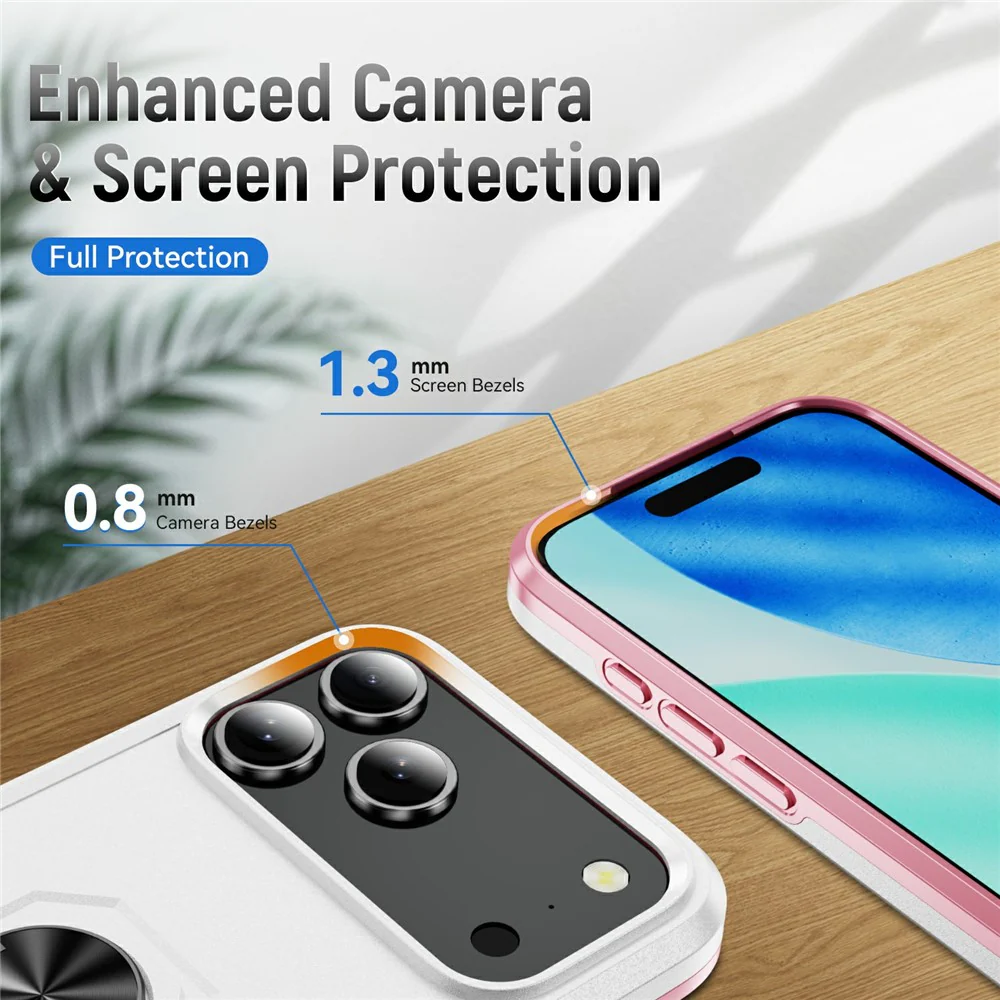 For iPhone 17 Pro Max Case Military Grade Ring Kickstand PC + TPU Phone Cover - White + Pink - Image 3