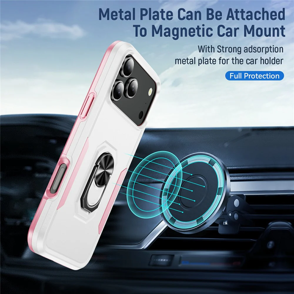 For iPhone 17 Pro Max Case Military Grade Ring Kickstand PC + TPU Phone Cover - White + Pink - Image 4