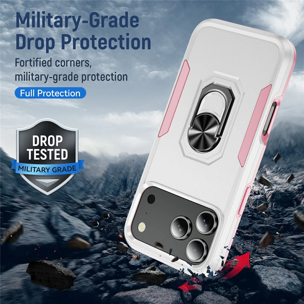 For iPhone 17 Pro Max Case Military Grade Ring Kickstand PC + TPU Phone Cover - White + Pink - Image 5