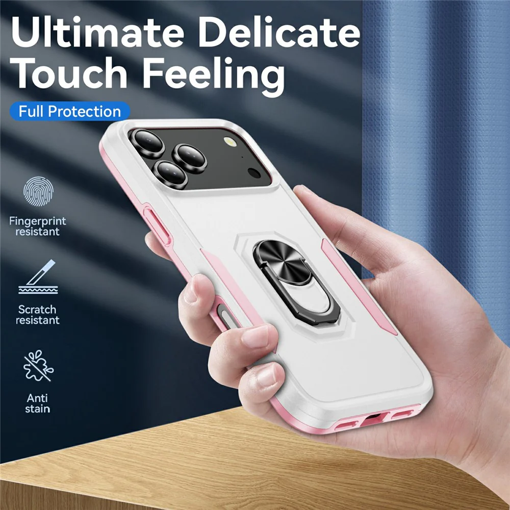 For iPhone 17 Pro Max Case Military Grade Ring Kickstand PC + TPU Phone Cover - White + Pink - Image 7