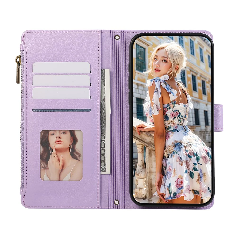For iPhone 17 Pro Max Case Multi Card Slots Zipper Leather Phone Cover with Wrist Strap - Purple - Image 3